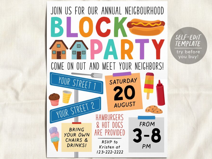 Neighborhood Block Party Invitation Editable Template Neighborhood Open House BBQ Picnic Summer Party Flyer Street Party Community Dinner Worksheets Library