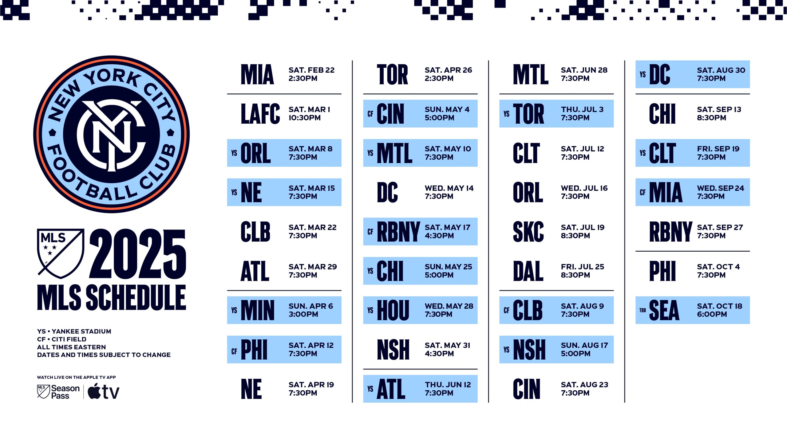 New York City FC Announce 2025 MLS Regular Season Schedule New York City FC
