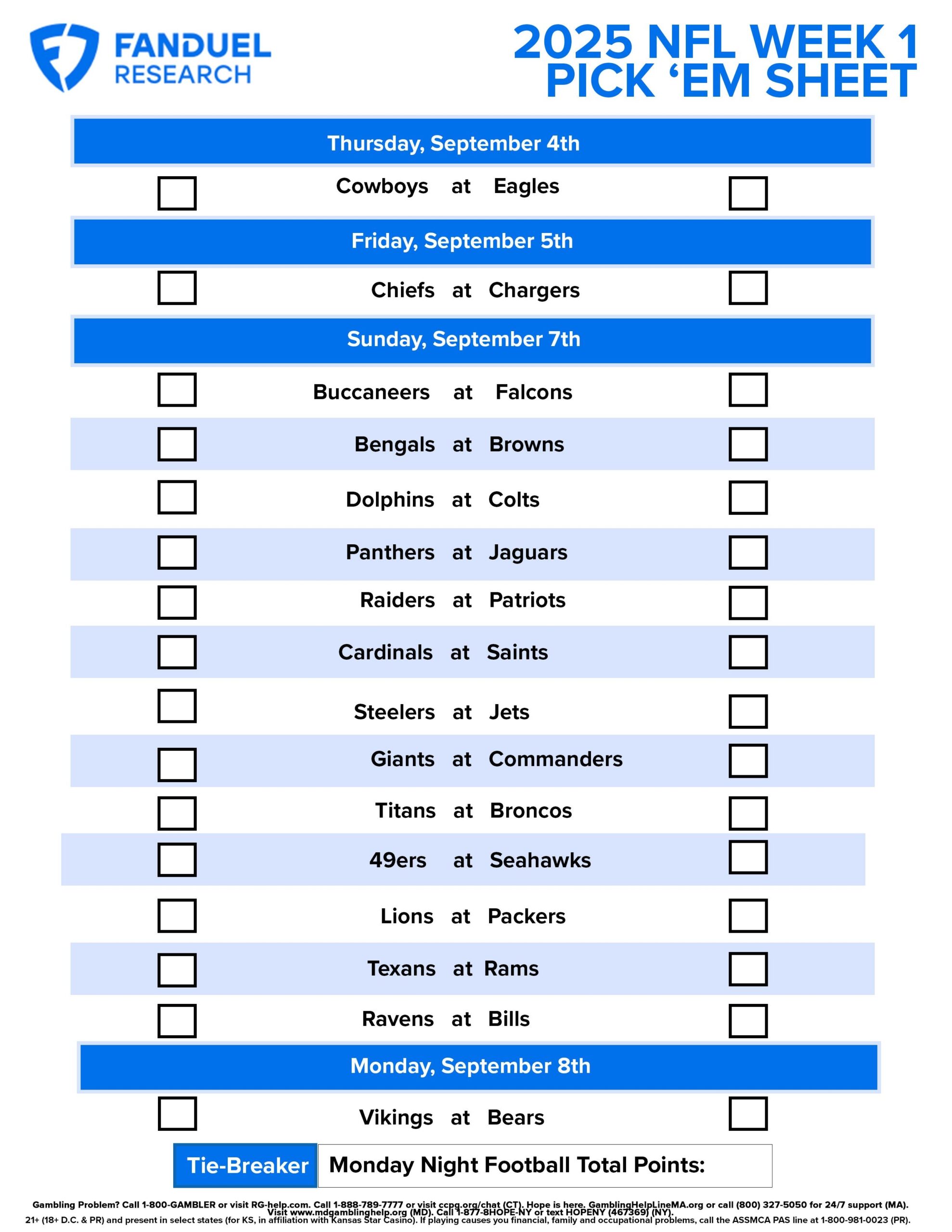 NFL Week 1 Pick Em Sheet Free Printable Schedule And Betting Odds FanDuel Research NFL Week 1 Pick Em Sheet Free Printable Schedule And Betting Odds FanDuel Research