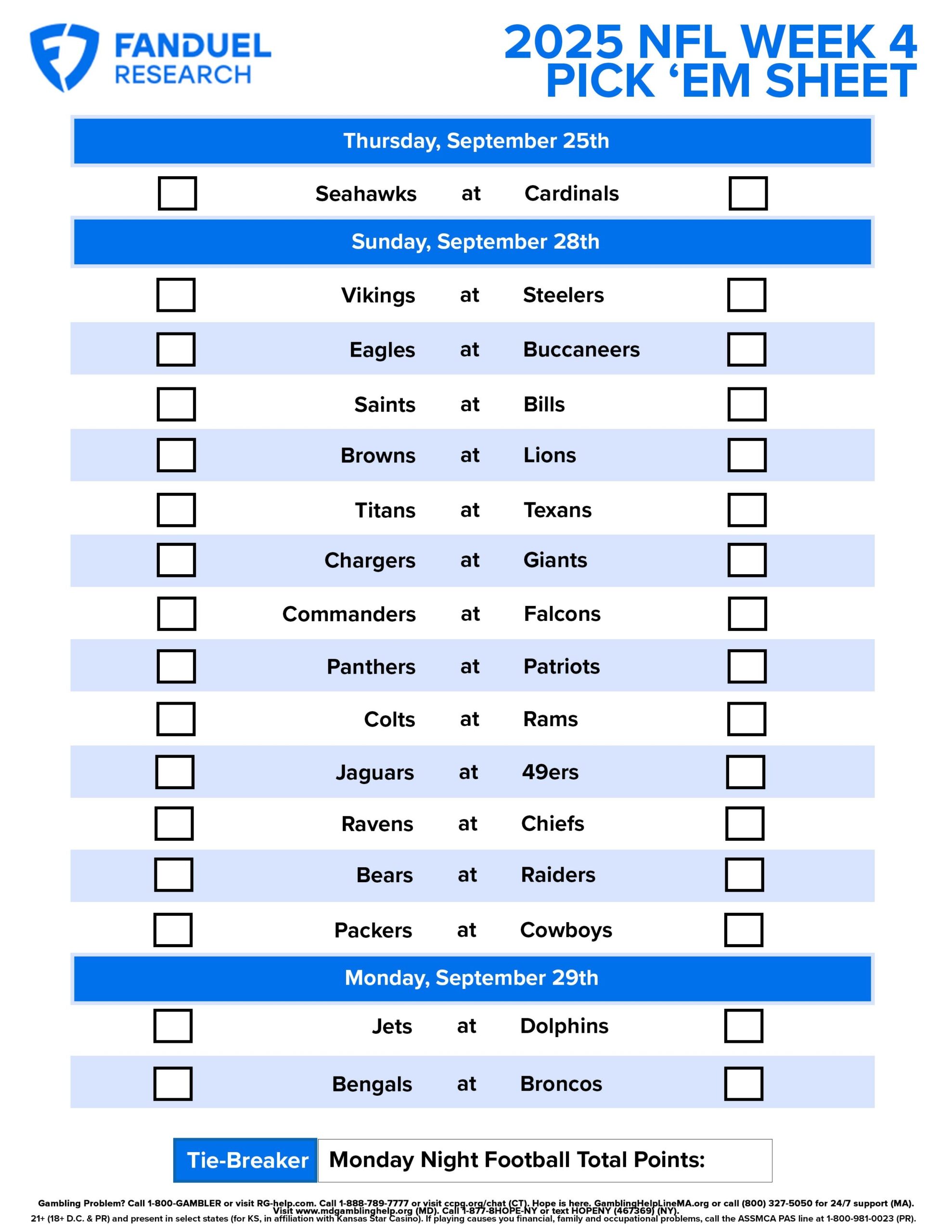 NFL Week 4 Pick Em Sheet Free Printable Schedule And Betting Odds FanDuel Research NFL Week 4 Pick Em Sheet Free Printable Schedule And Betting Odds FanDuel Research