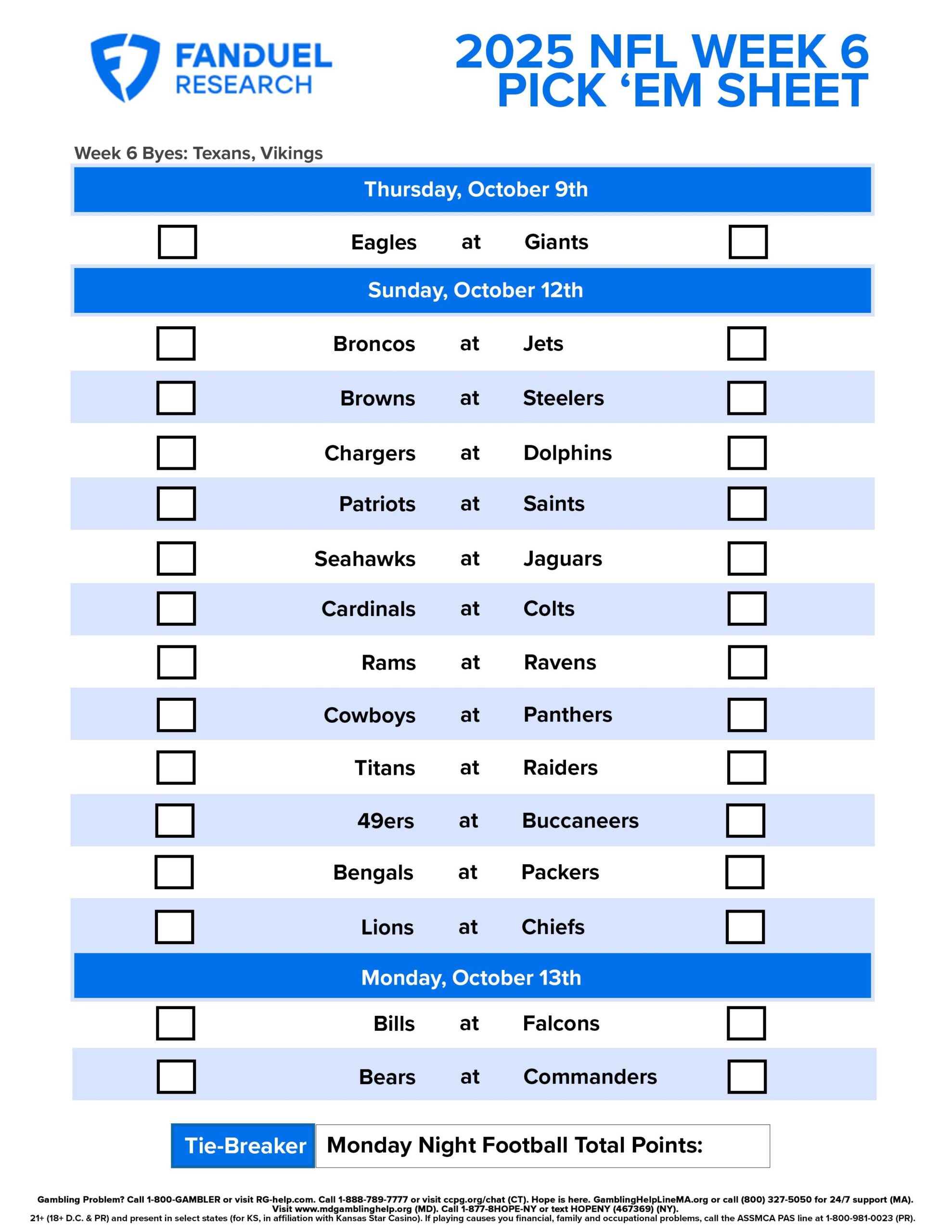 NFL Week 6 Pick Em Sheet Free Printable Schedule And Betting Odds FanDuel Research