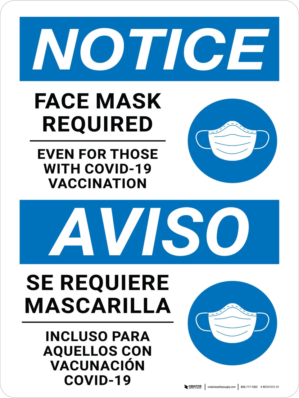 Notice Face Mask Required Even For Those With Covid 19 Vaccination Bilingual Spanish Portrait Wall Sign