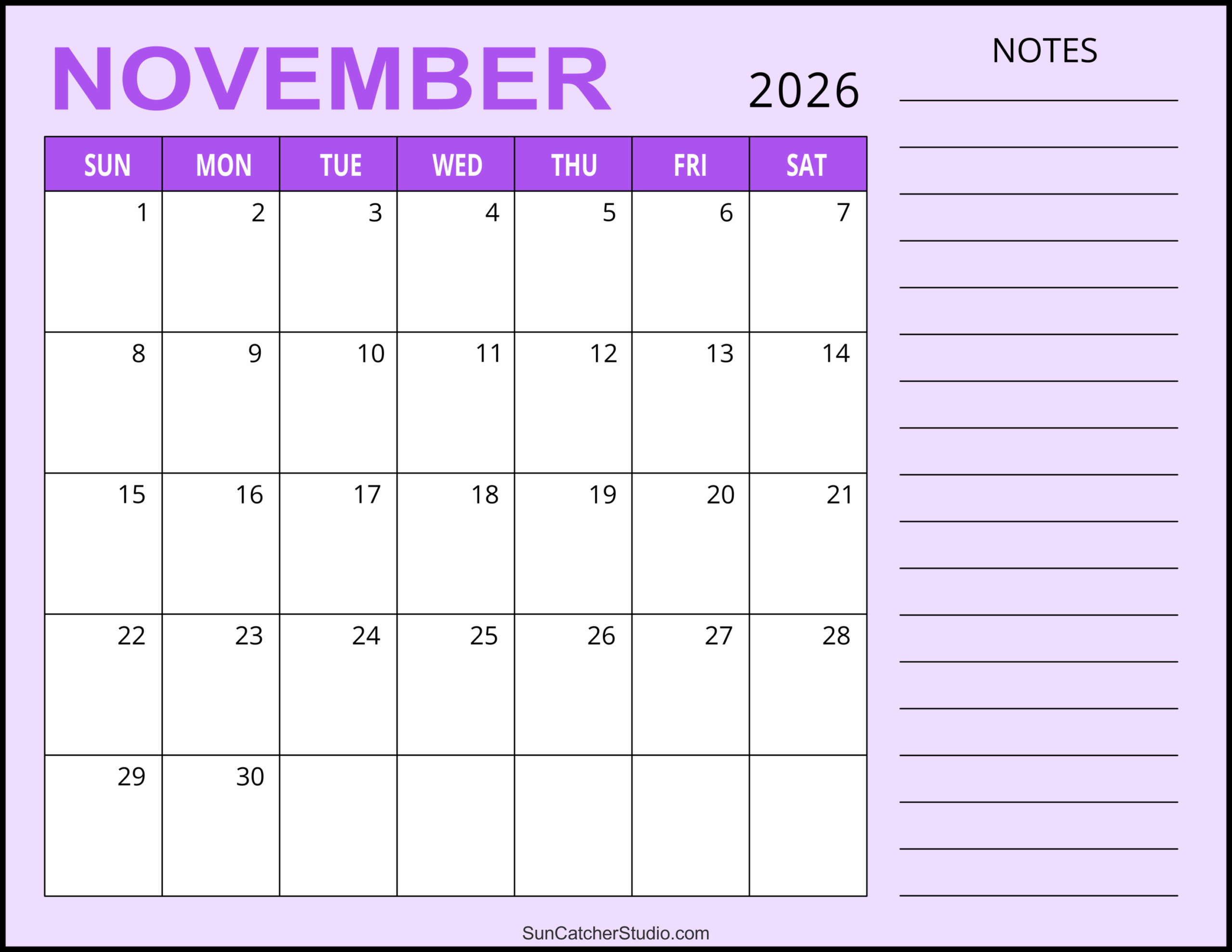 Monthly Planner Nov 2026 Printable