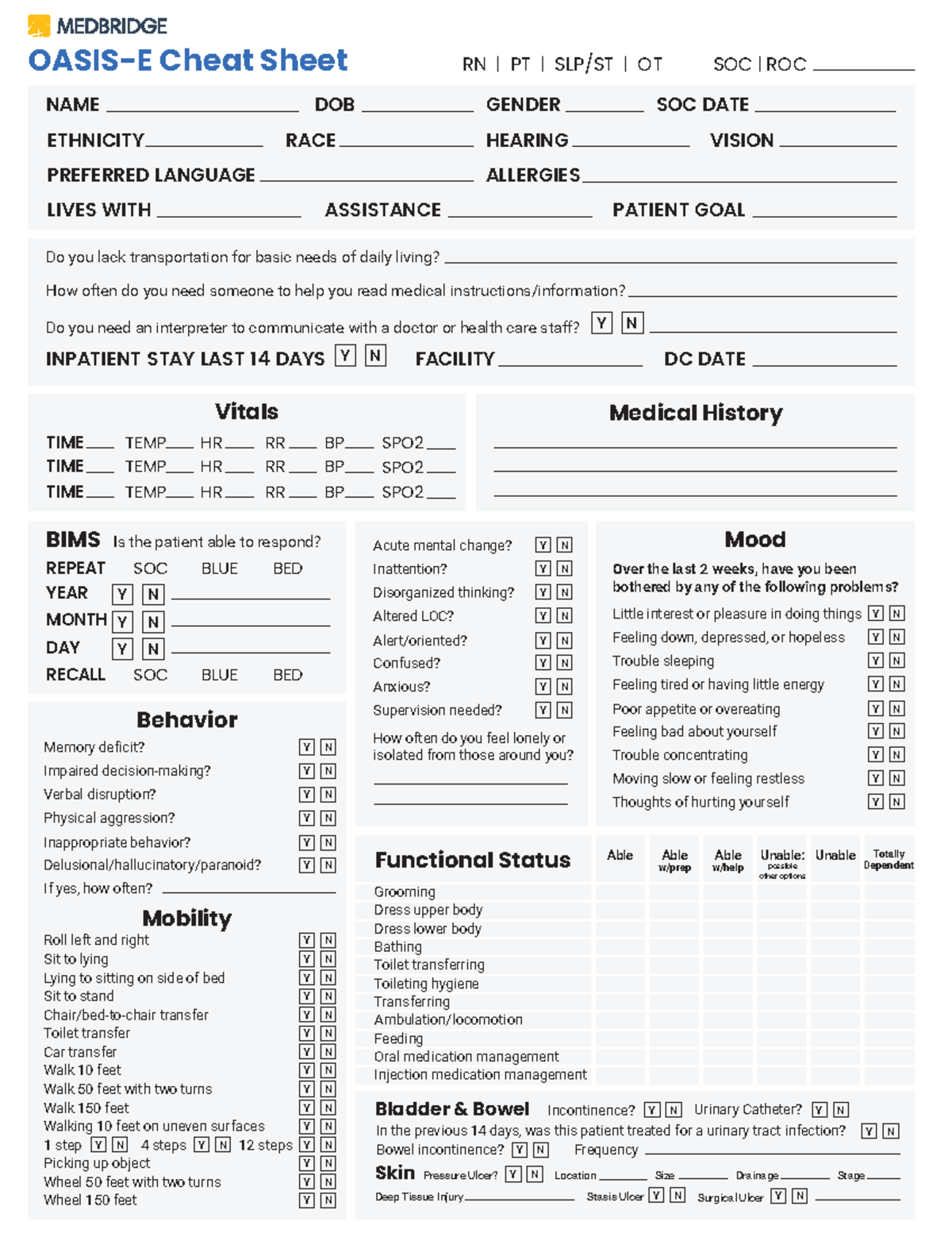 OASIS E Cheat Sheet For RN PT SLP ST OT Patient Assessment Guide Studocu