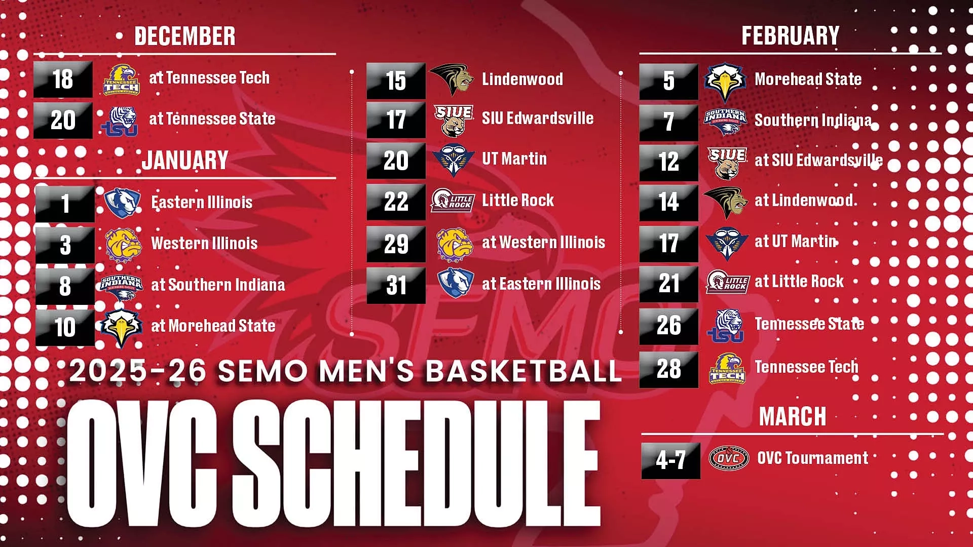 Ohio Valley Conference Basketball Schedules Set For 2025 26 Season Southeast Missouri State University Athletics