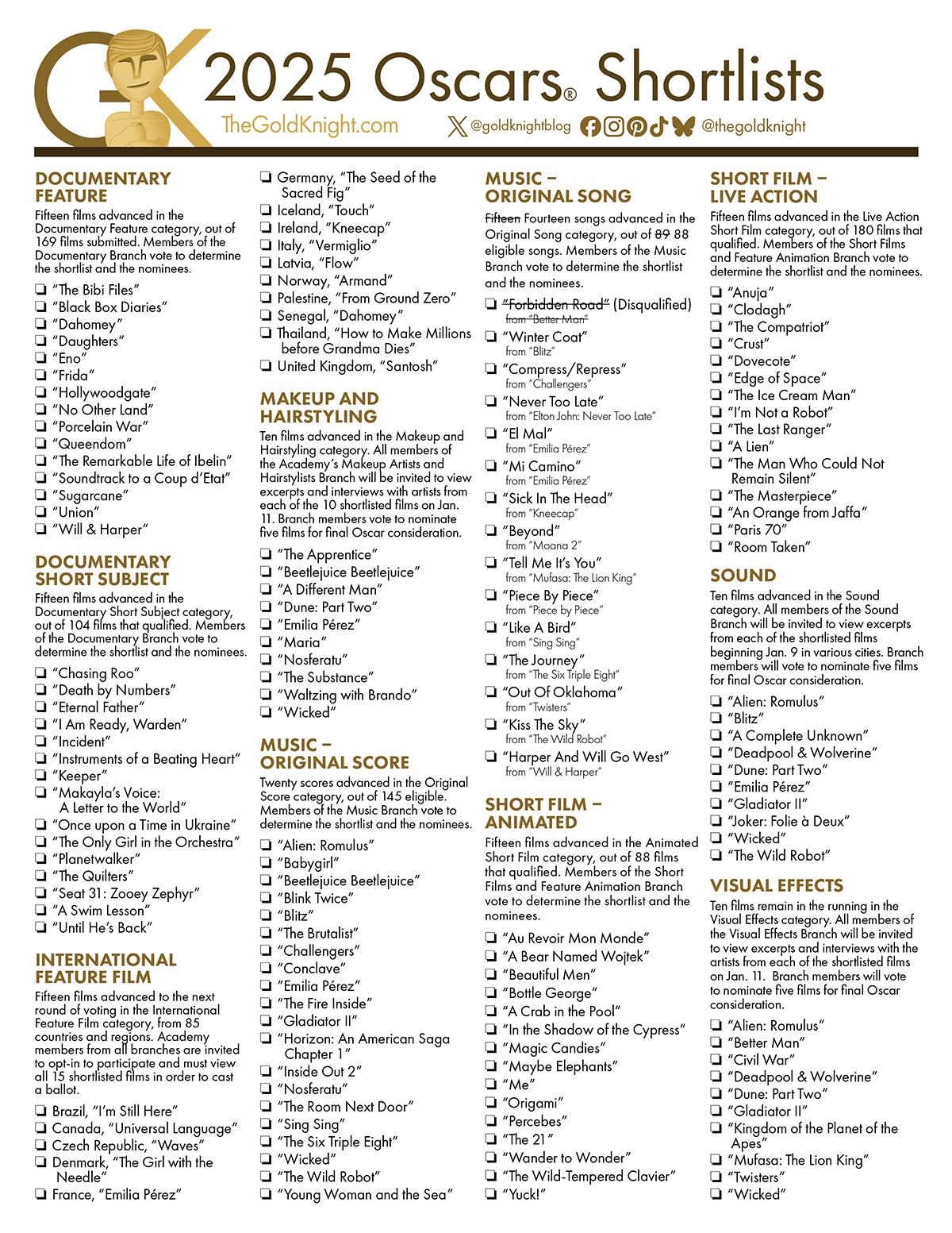 Oscars 2026 Printable List