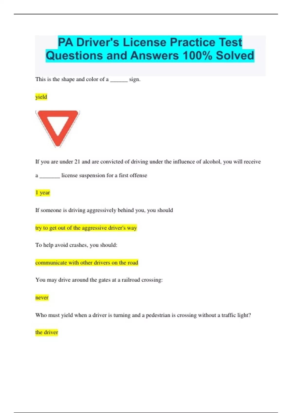 PA Driver s License Practice Test Questions And Answers 100 Solved PA Driver s License Stuvia US PA Driver s License Practice Test Questions And Answers 100 Solved PA Driver s License Stuvia US