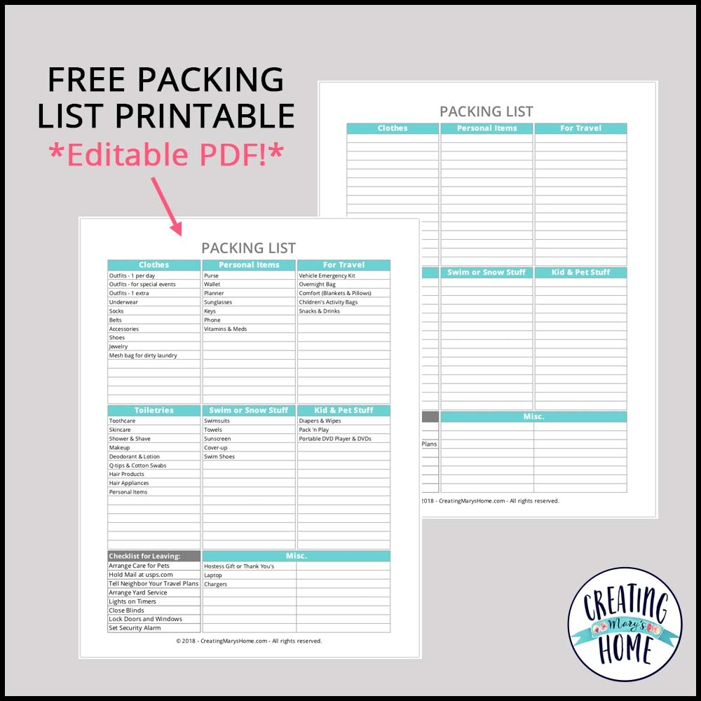 Camping List Free Printable Edible