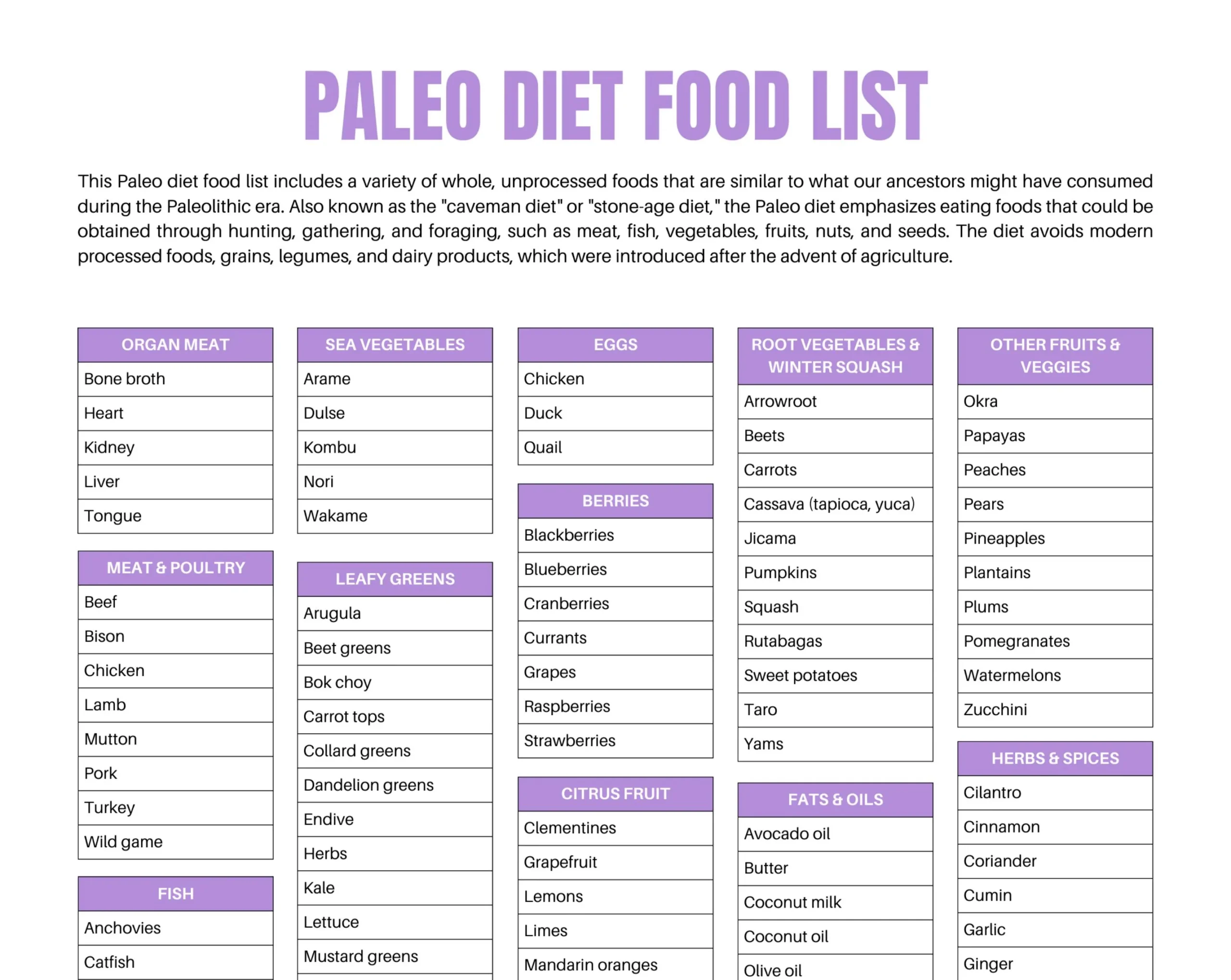 Condensed Printable Paleo Diet Food List