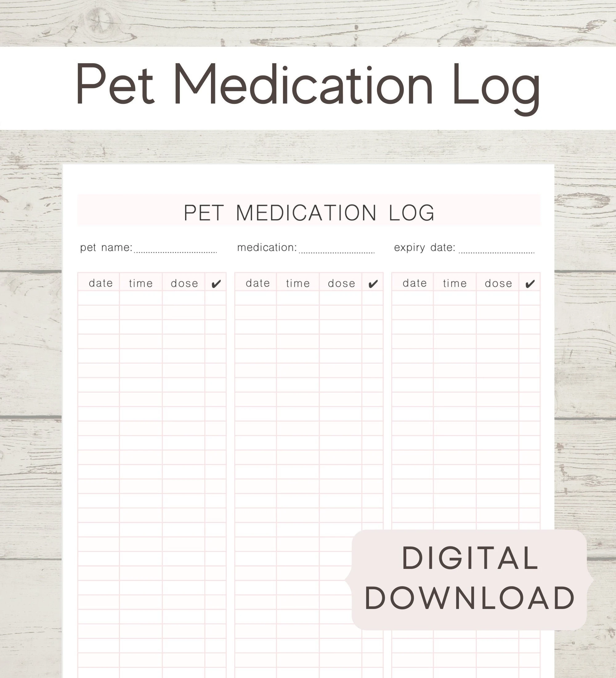 Pet Medication Log Printable Pet Care Medication Record Digital Pet Record Etsy Israel