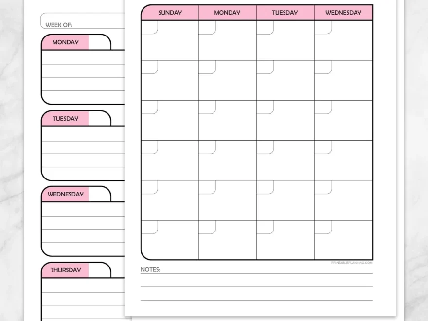Pink Monthly And Weekly Calendar Planner Pages Printable Printable Planning