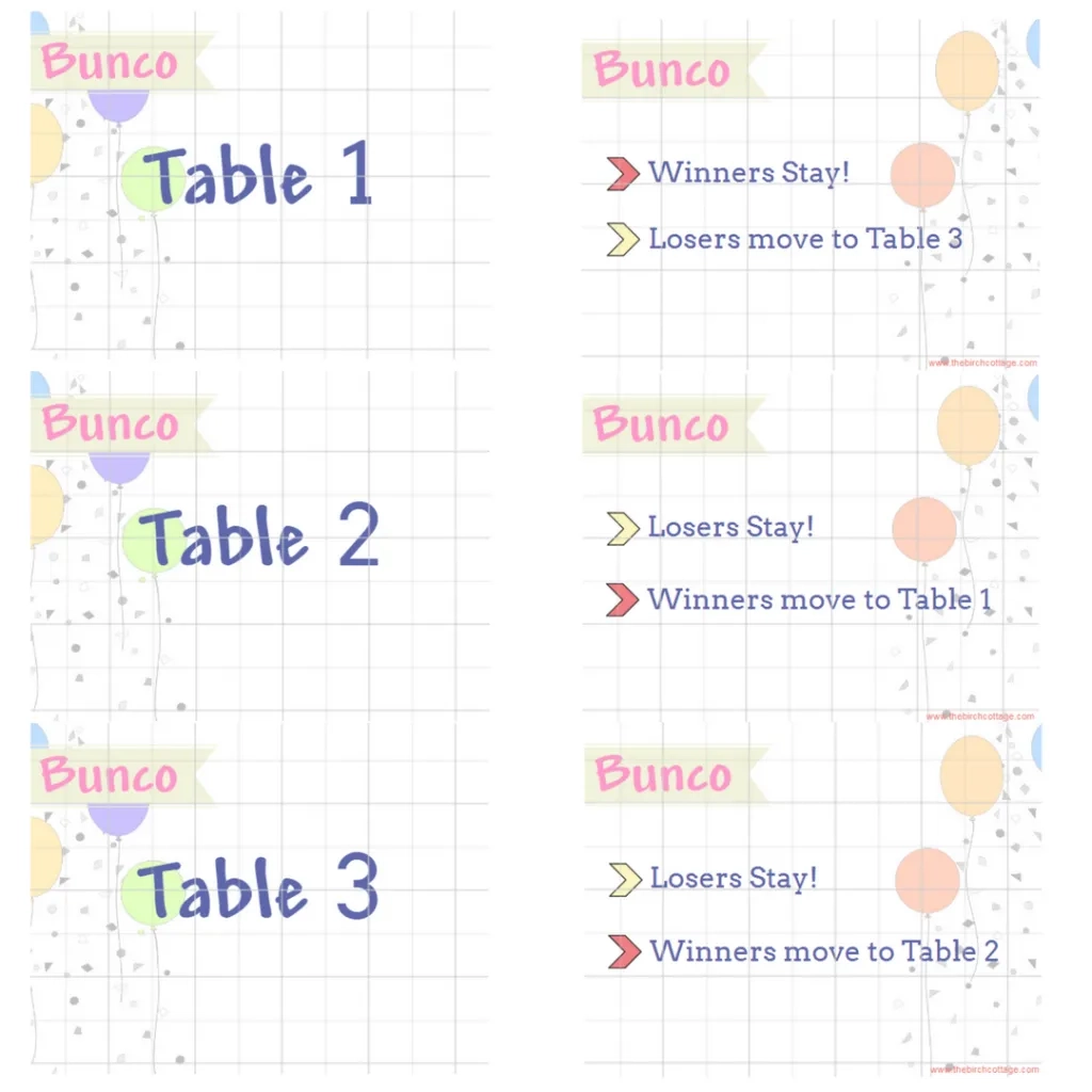 Free Printable Bunco Table Signs
