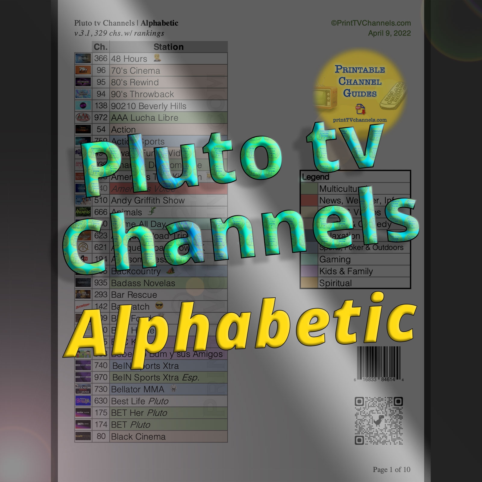 Pluto TV Channel Guide Lineup Printable PDF Alphabetic