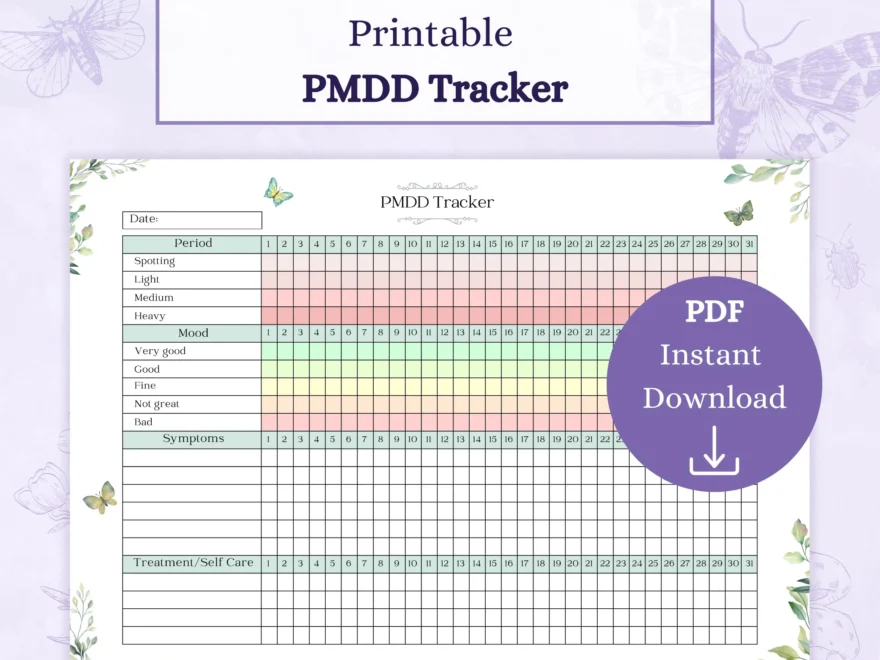 PMDD Tracker Printable PDF Period Tracker Symptom Journal Premenstrual Dysphoric Disorder PMDD Symptom Tracker Etsy