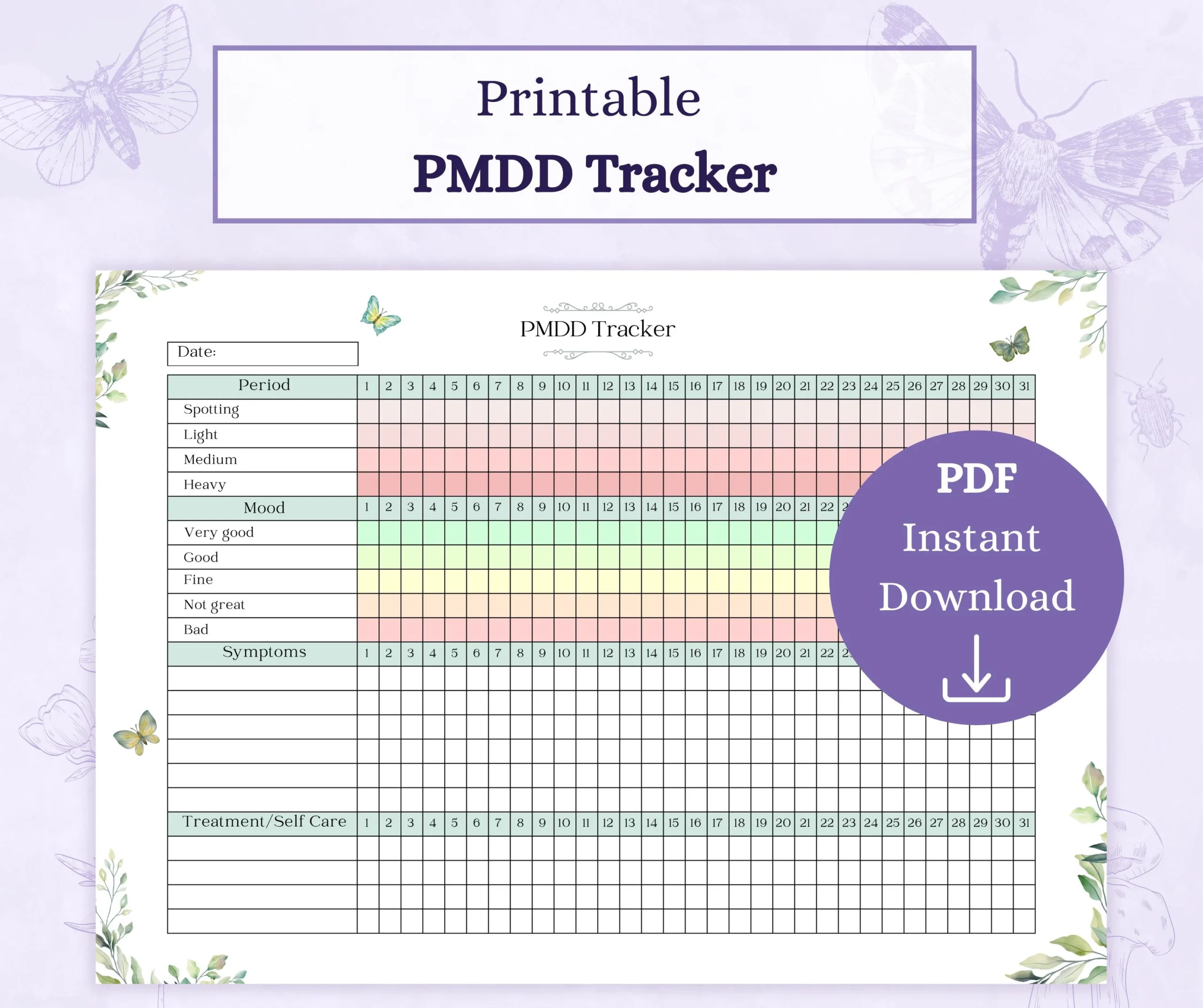 PMDD Tracker Printable PDF Period Tracker Symptom Journal Premenstrual Dysphoric Disorder PMDD Symptom Tracker Etsy