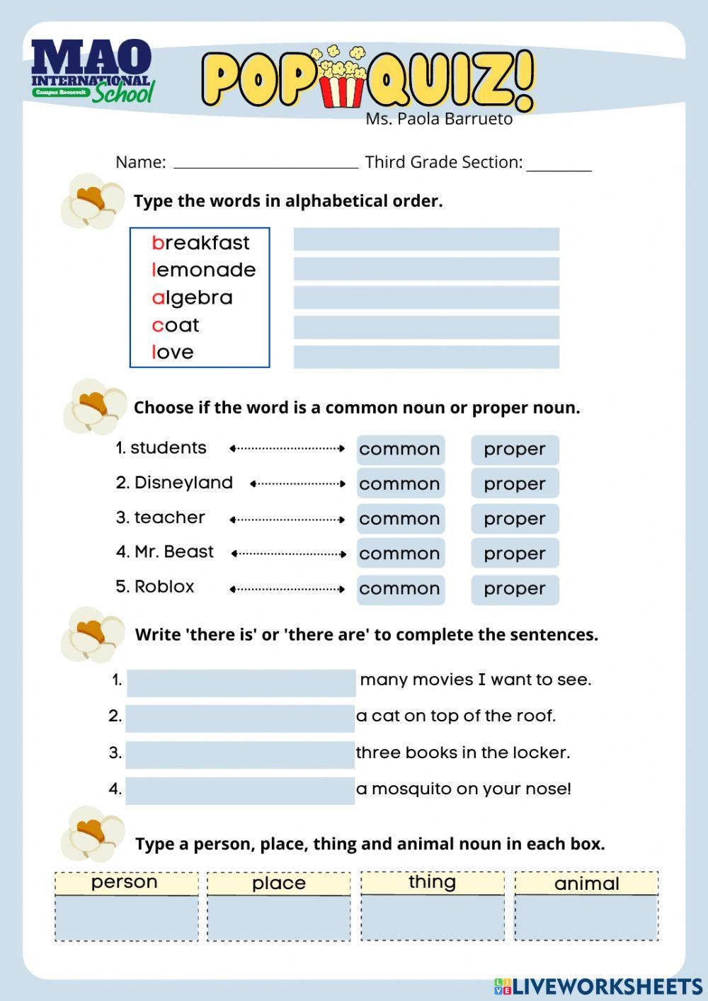 4th Grade Pop Quiz Printable