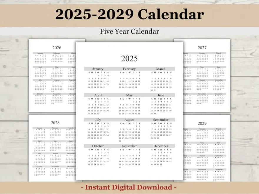 Printable 2025 2029 5 Year Calendar 2025 Printable Calendar 2026 2027 2028 2029 Calendar Printable Five Year Planner Etsy Israel