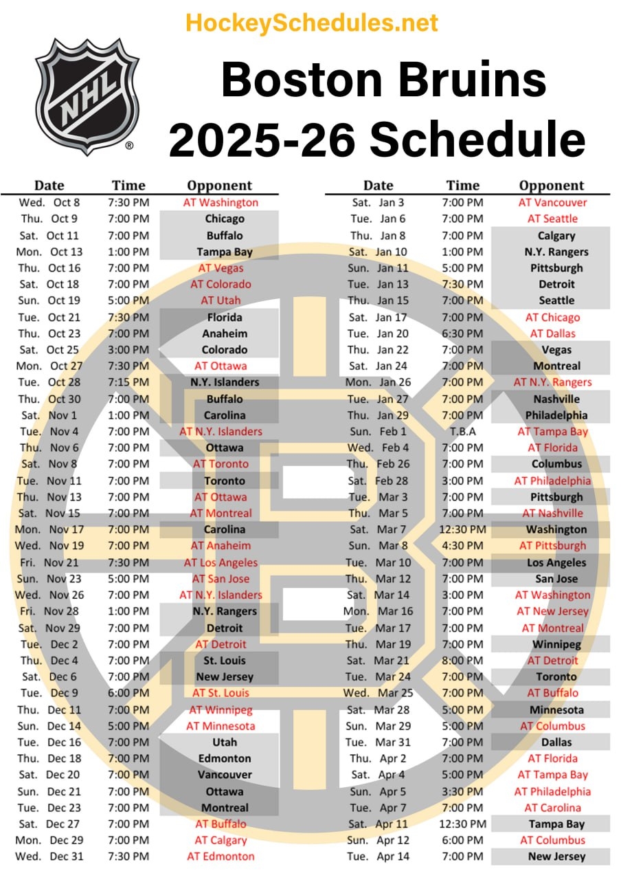 Bruins Schedule 2025-26 Printable