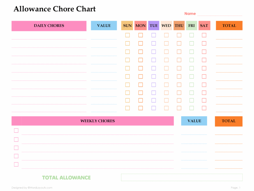 Printable Allowance Chore Chart Template WordLayouts