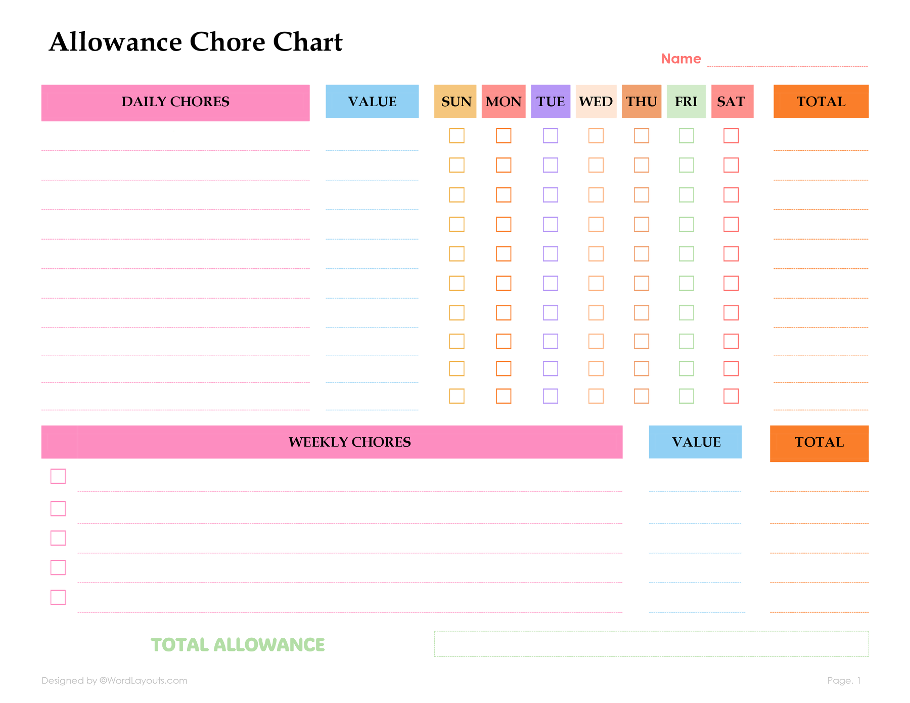 Printable Allowance Chore Chart Template WordLayouts Printable Allowance Chore Chart Template WordLayouts