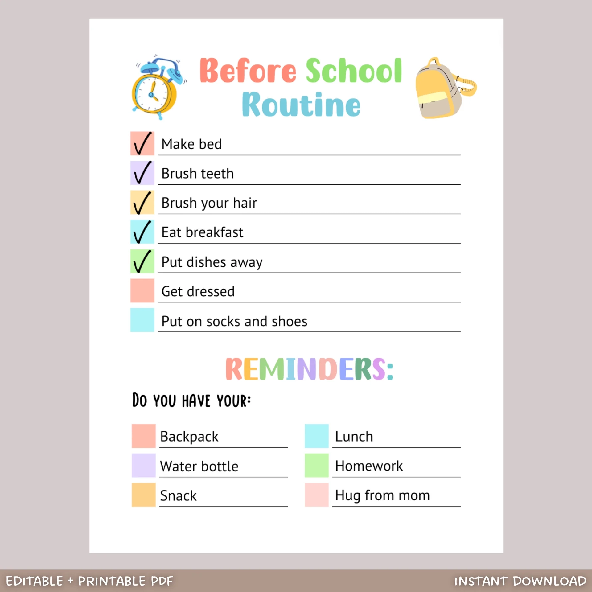 Printable Before School Checklist Editable Morning Reminders For Kids Scribbled LLC