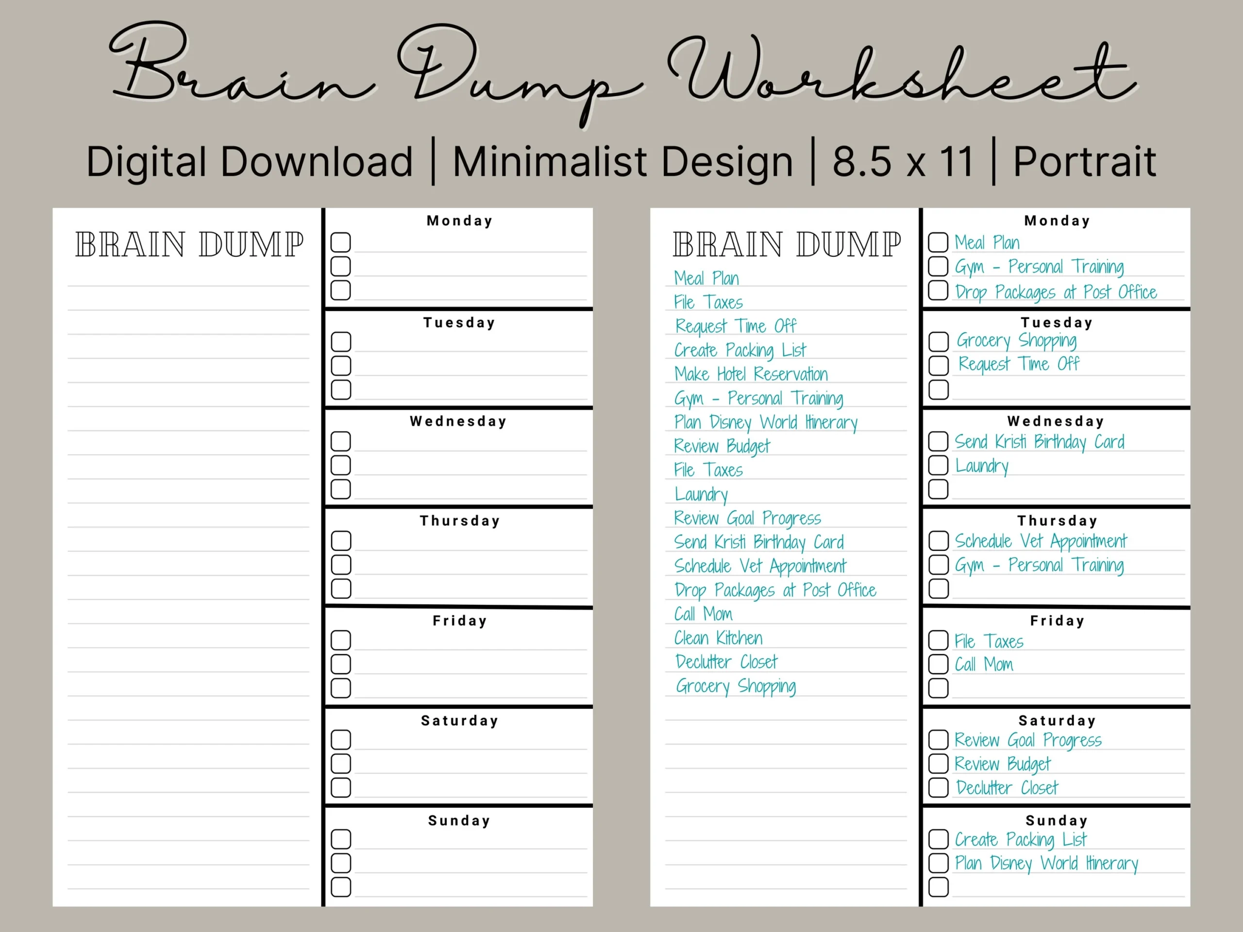 Printable Brain Dump Worksheet Brain Dump Organizer Brain Dump Brain Dump Planner Brain Dump Printable Planner Weekly Organizer Etsy