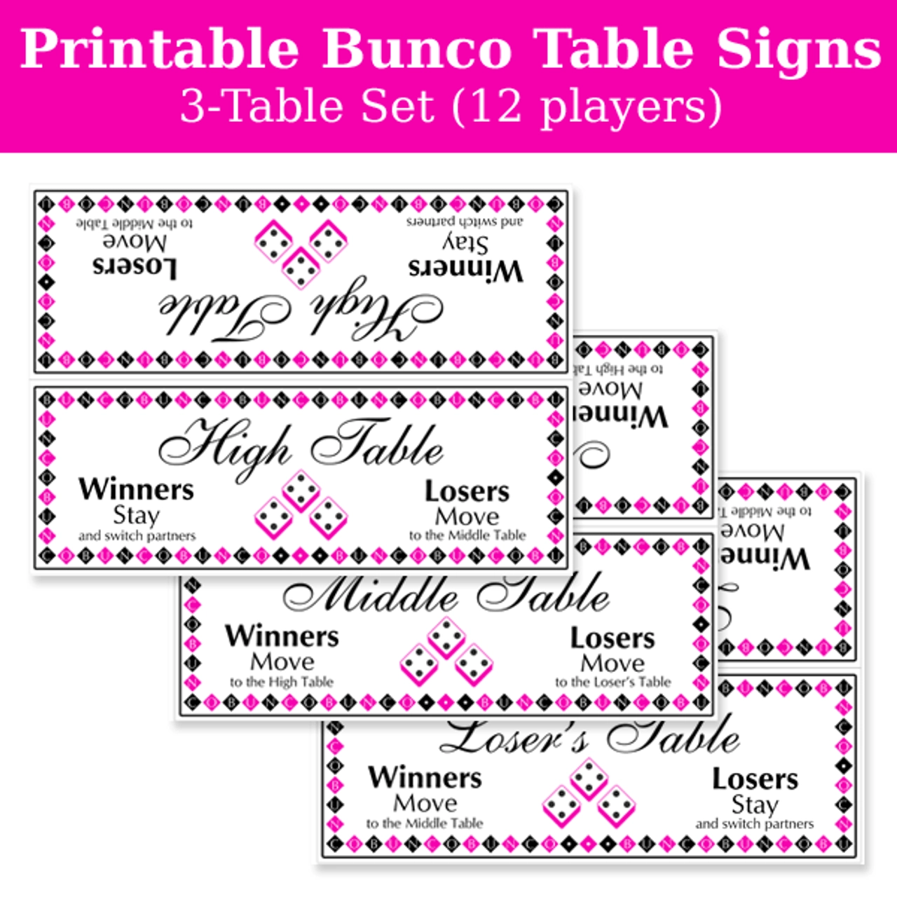 Printable Bunco Table Signs Three Table Set Dice Game Depot