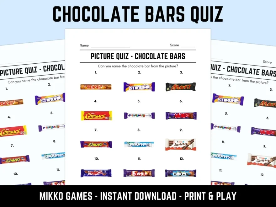 Printable Chocolate Bars Picture Quiz With Answers Picture Round Quiz Sheets Pub Quiz Trivia Downloadable Table Quiz Fun Candy Quiz Etsy UK