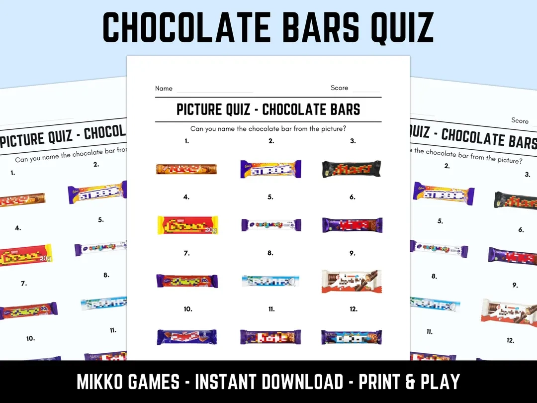 Printable Chocolate Bars Picture Quiz With Answers Picture Round Quiz Sheets Pub Quiz Trivia Downloadable Table Quiz Fun Candy Quiz Etsy UK