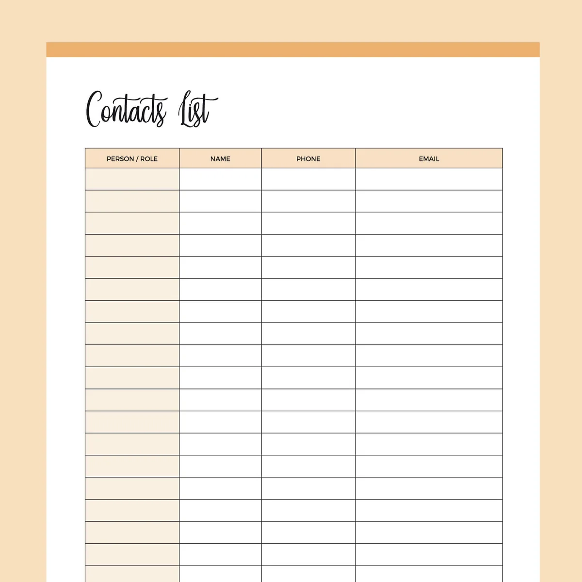 Contact List Printable Template