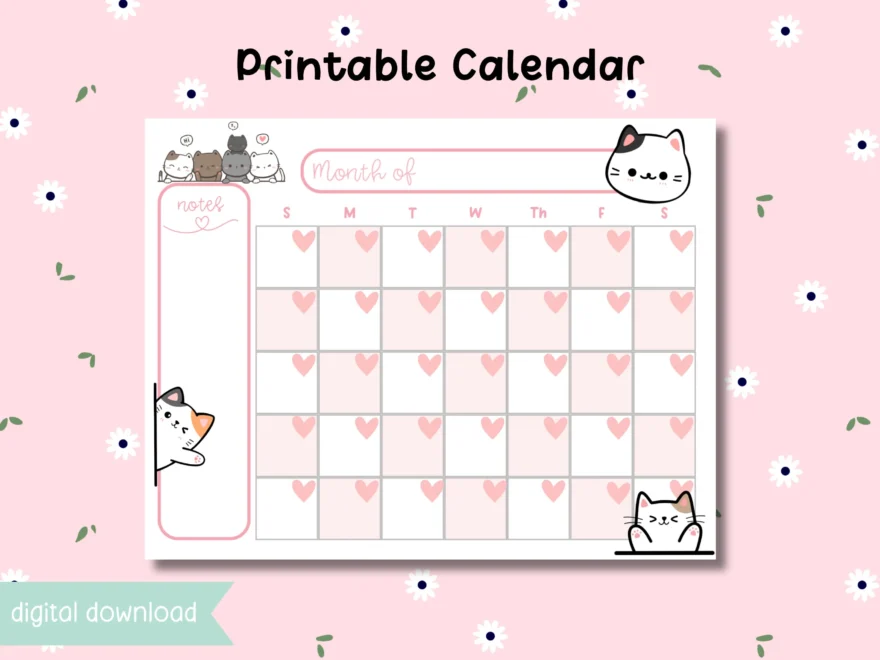 Printable Cute Cat Calendar Undated Blank Calendar Kawaii Pastel Calendar Download And Print Etsy
