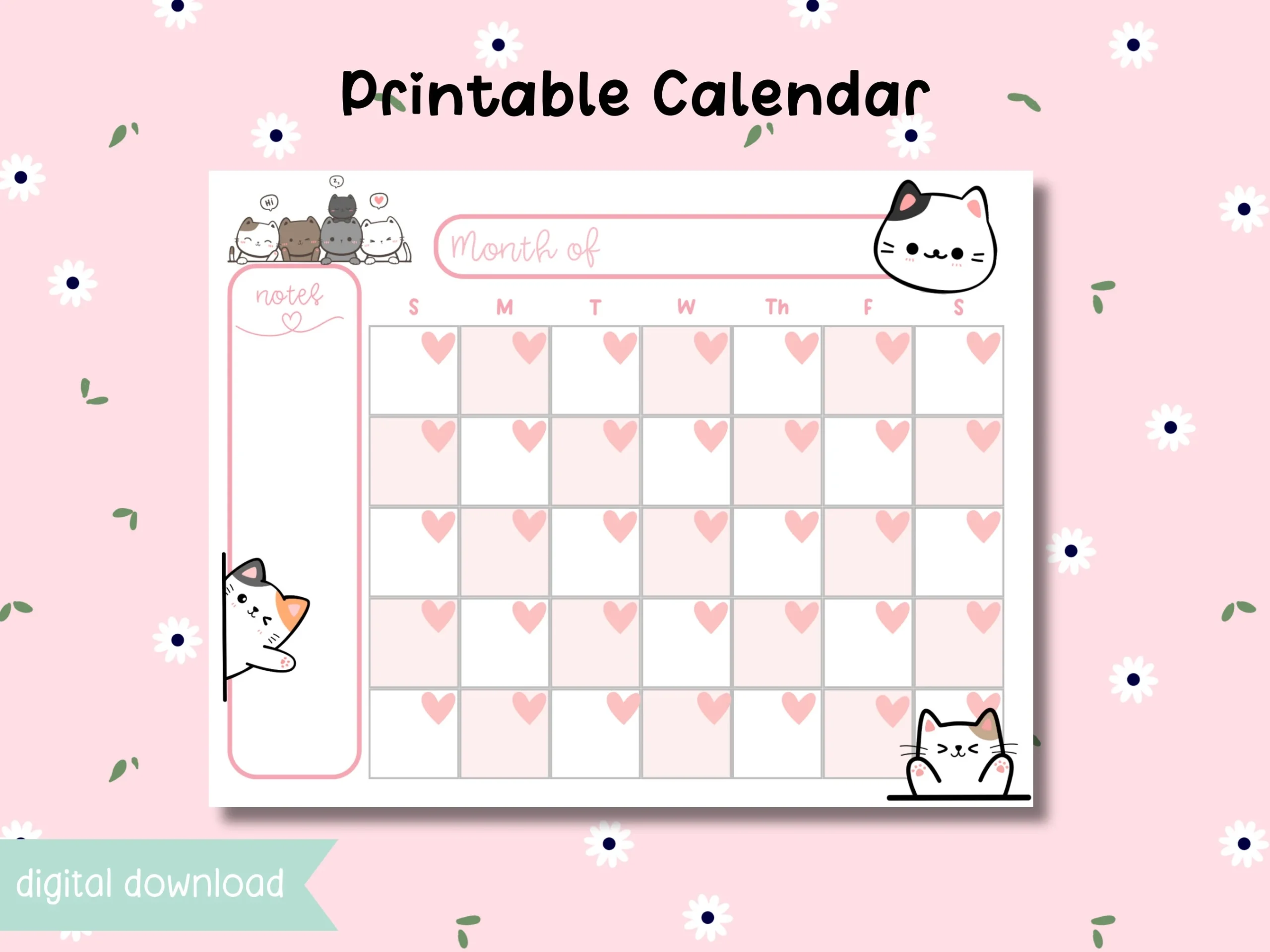 Printable Cute Cat Calendar Undated Blank Calendar Kawaii Pastel Calendar Download And Print Etsy