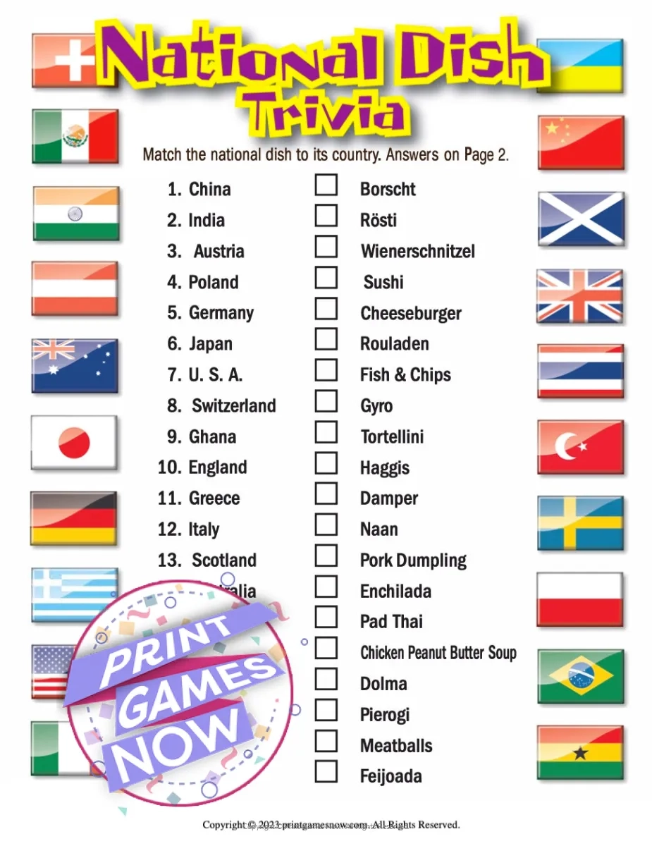 Printable Food Drinks National Dish Trivia Party Game Print Games Now Printable Food Drinks National Dish Trivia Party Game Print Games Now