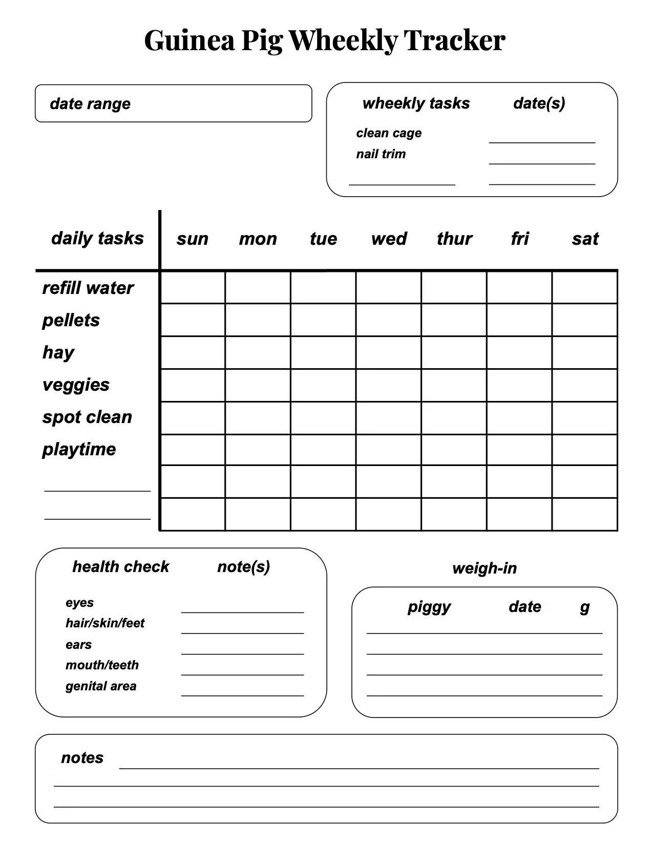 Guinea Pig Care Sheets Printable
