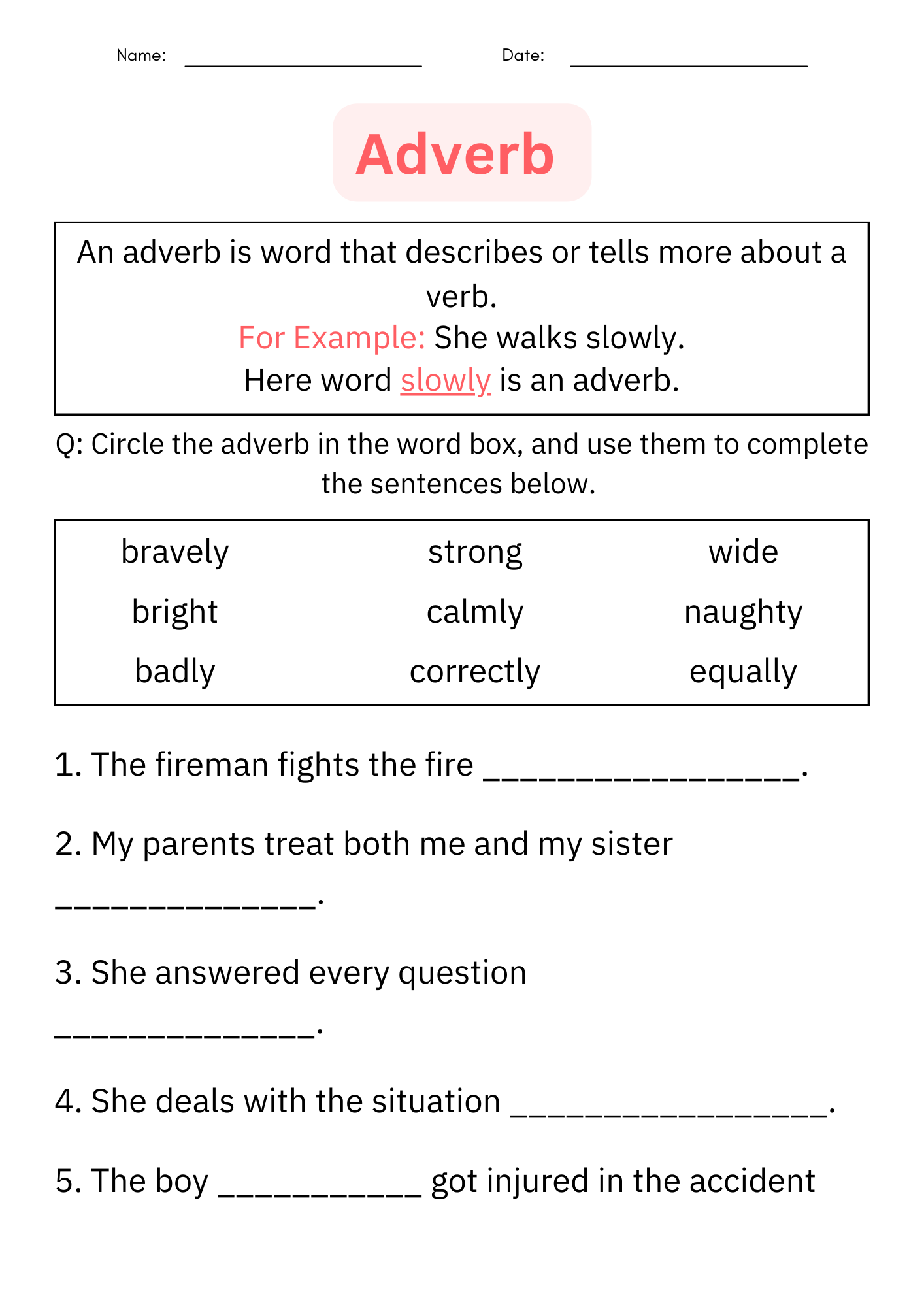 Adverb Quiz Printable First Grade Adverb Quiz Printable First Grade