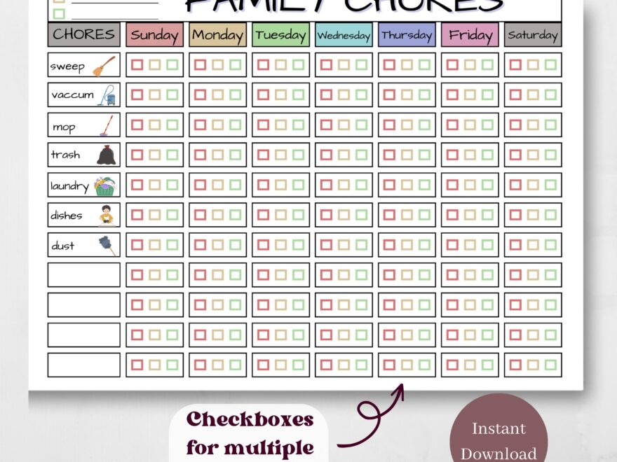 Printable Kids Chore Chart For Multiple Children Weekly Chore Charts Weekly Responsibility Checklists For 1 2 3 4 5 6 Kids Download Etsy