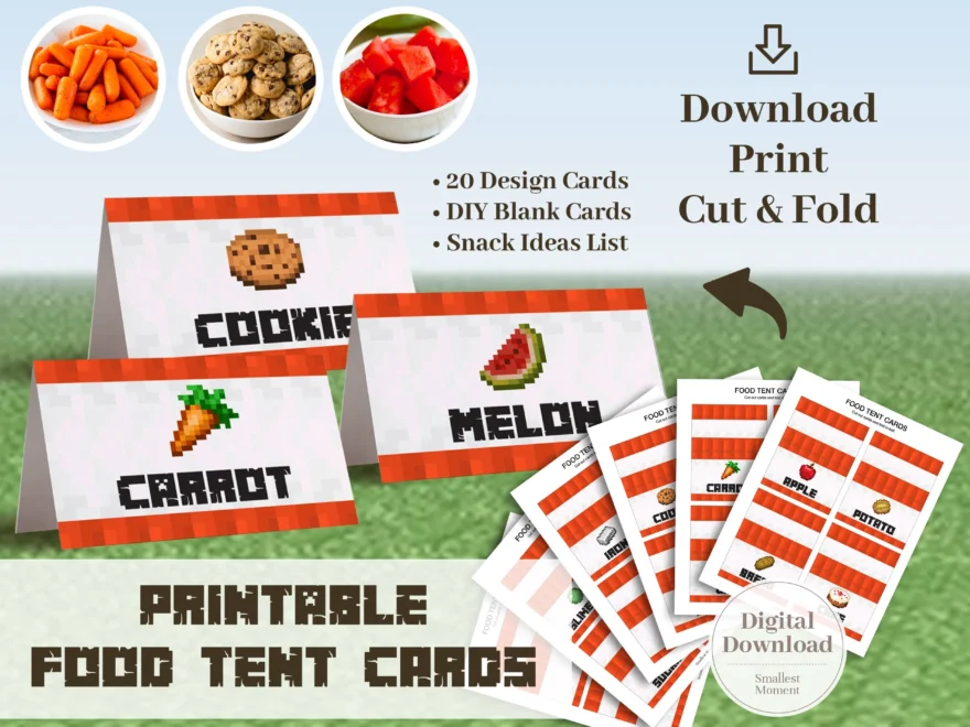 Printable Mine Food Cards Set Of 20 DIY Gift Kids Birthday Party Decor Card Minecraft Pixel Art Gaming TNT Theme Snack Food Tents Label Etsy