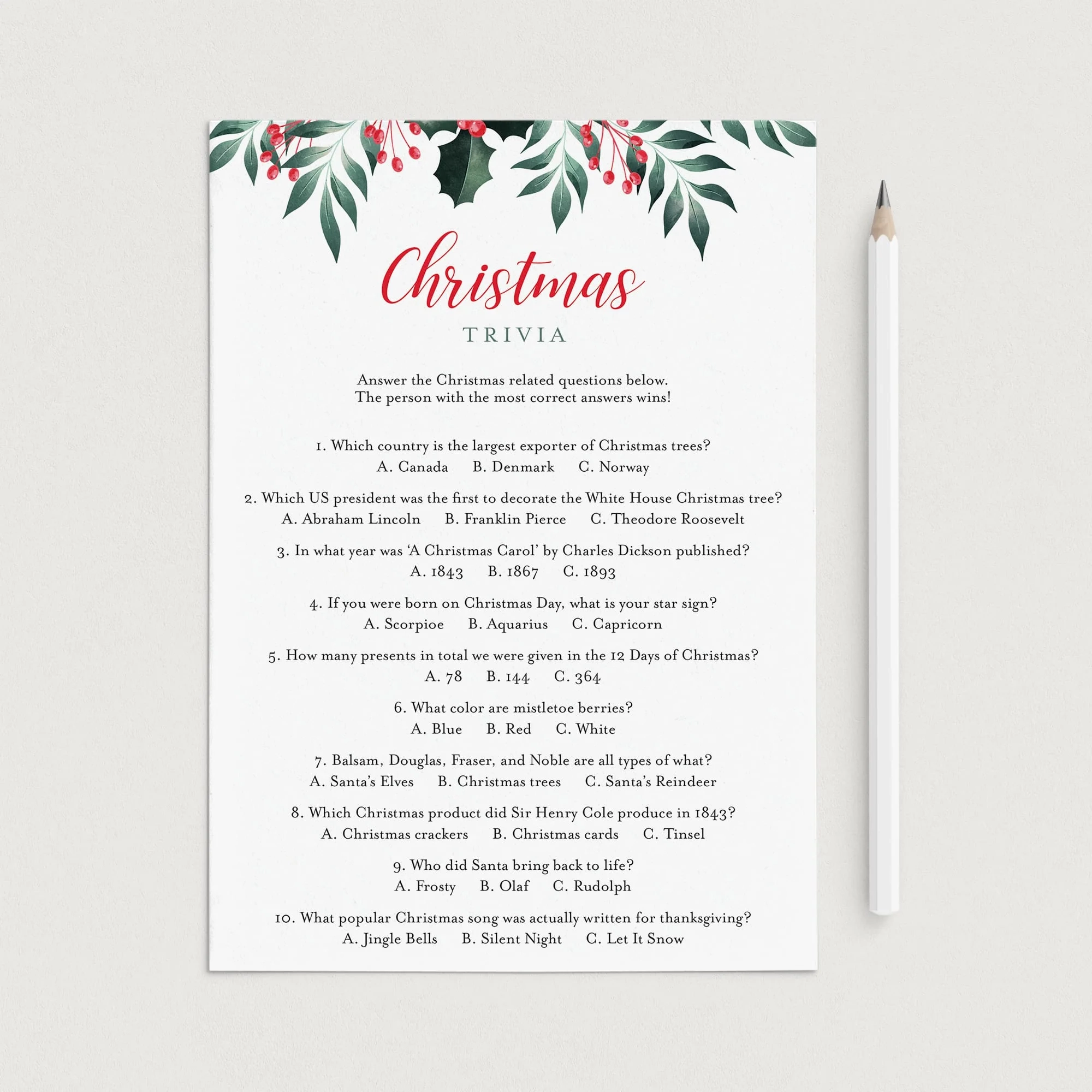 Multiple Choice Christmas Trivia Printable Multiple Choice Christmas Trivia Printable