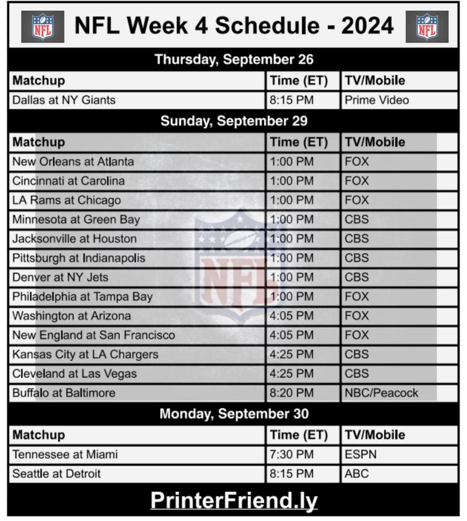 Printable NFL Week 4 Schedule TV Broadcasts And Matchups Printerfriendly