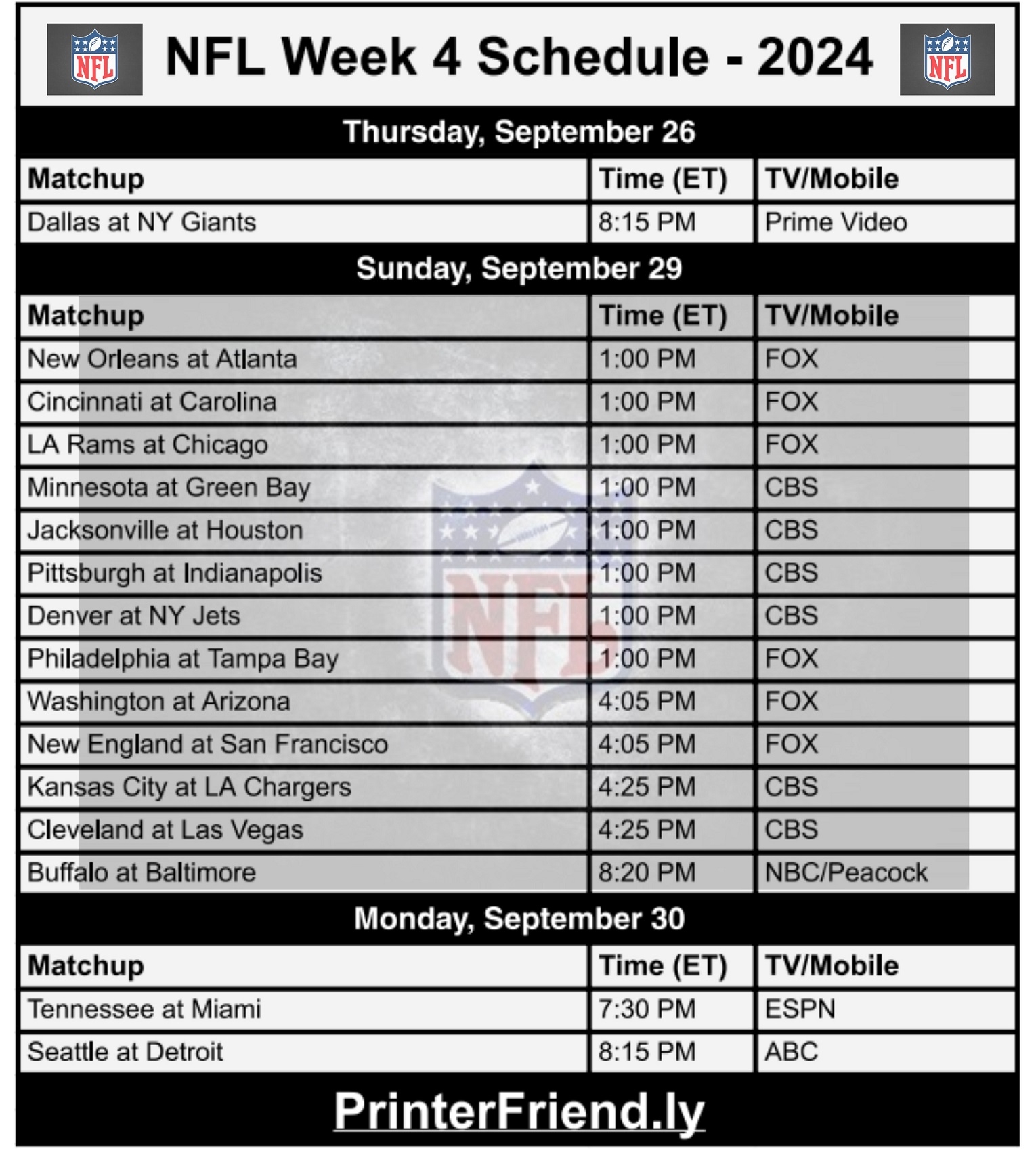 Printable NFL Week 4 Schedule TV Broadcasts And Matchups Printerfriendly