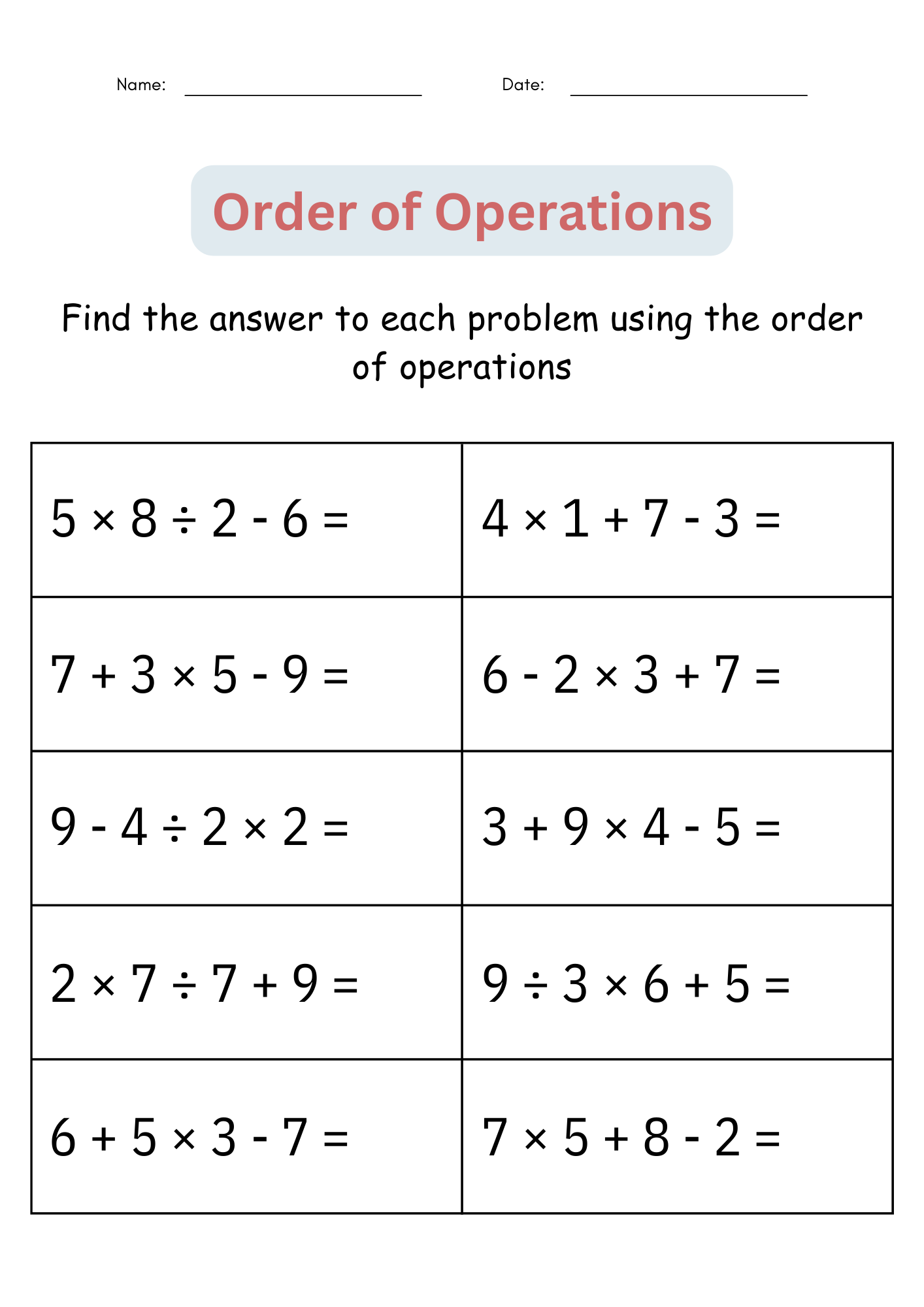 Order Of Operations Quiz Printable Order Of Operations Quiz Printable