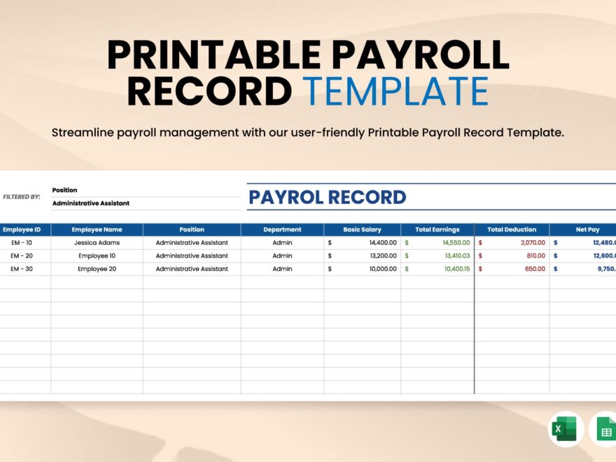 Printable Payroll Record Template In Excel Google Sheets Download Template