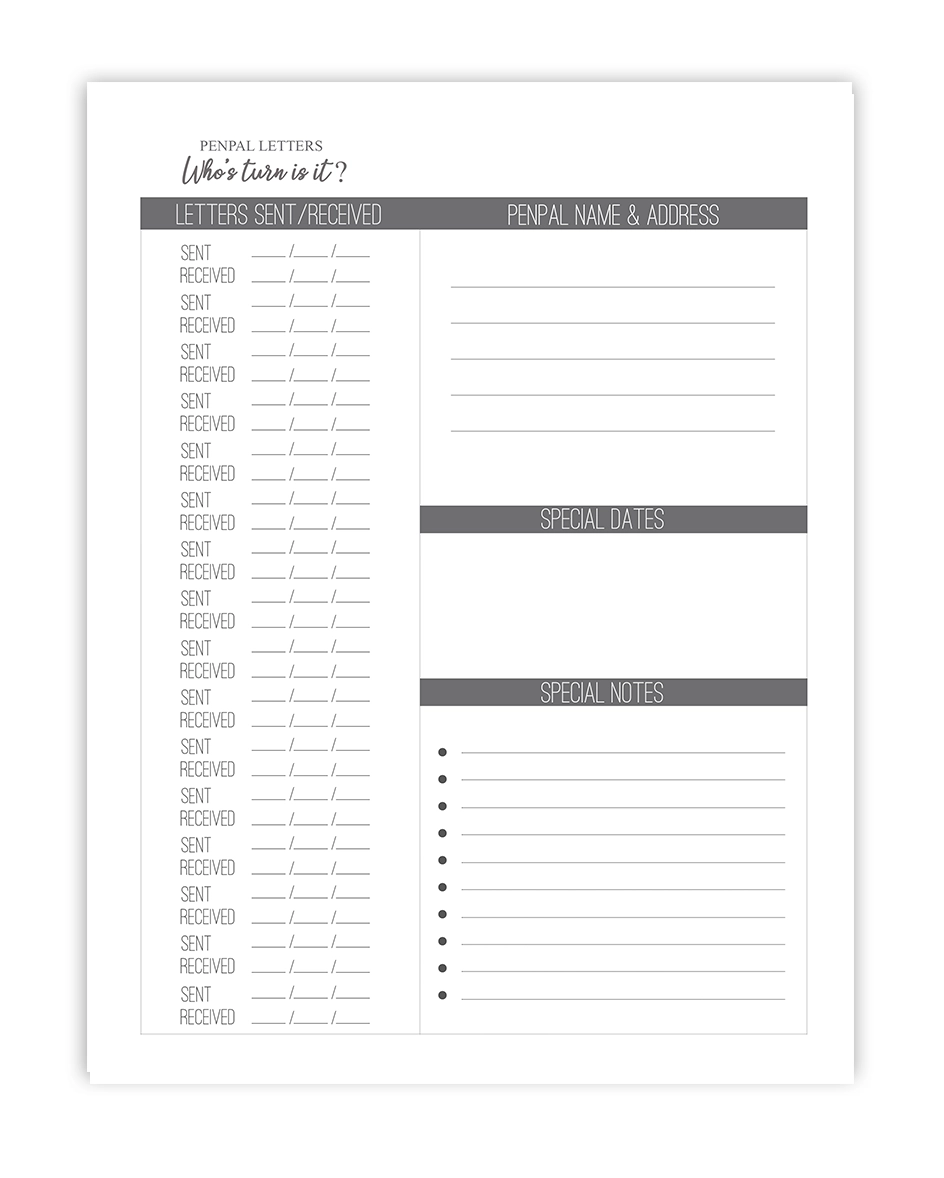Printable Pen Pal Letter Tracker Journal
