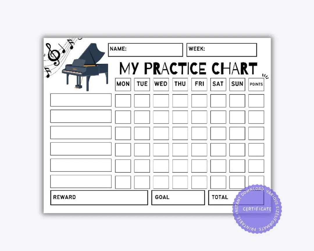 Printable Piano Practice Reward Chart Piano Practice Chart Reward Chart Music Practice Log Track Music Practice Progress Chart Etsy