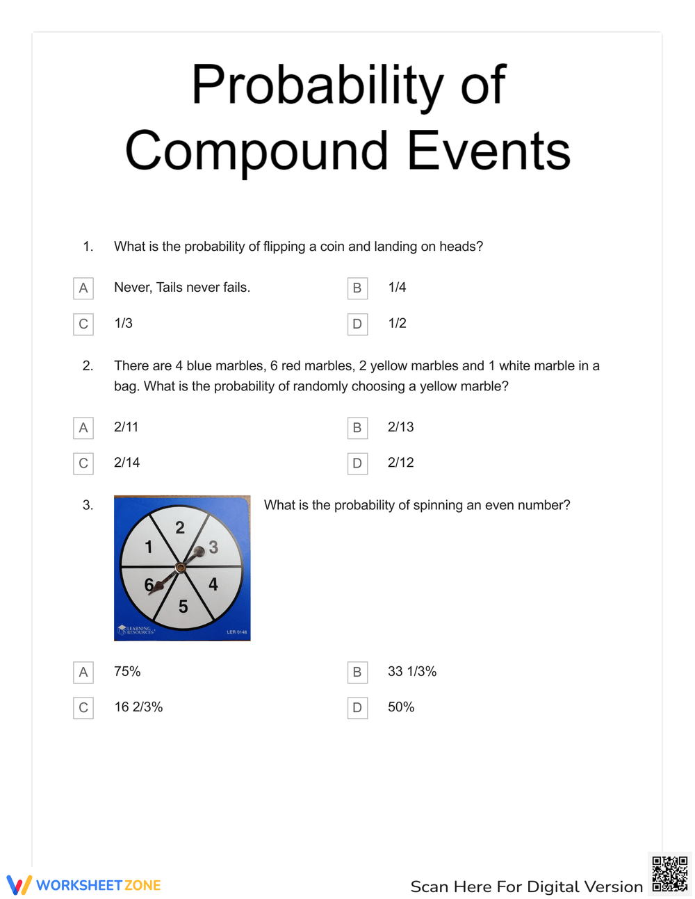 Printable Probability Quiz Probability Quiz