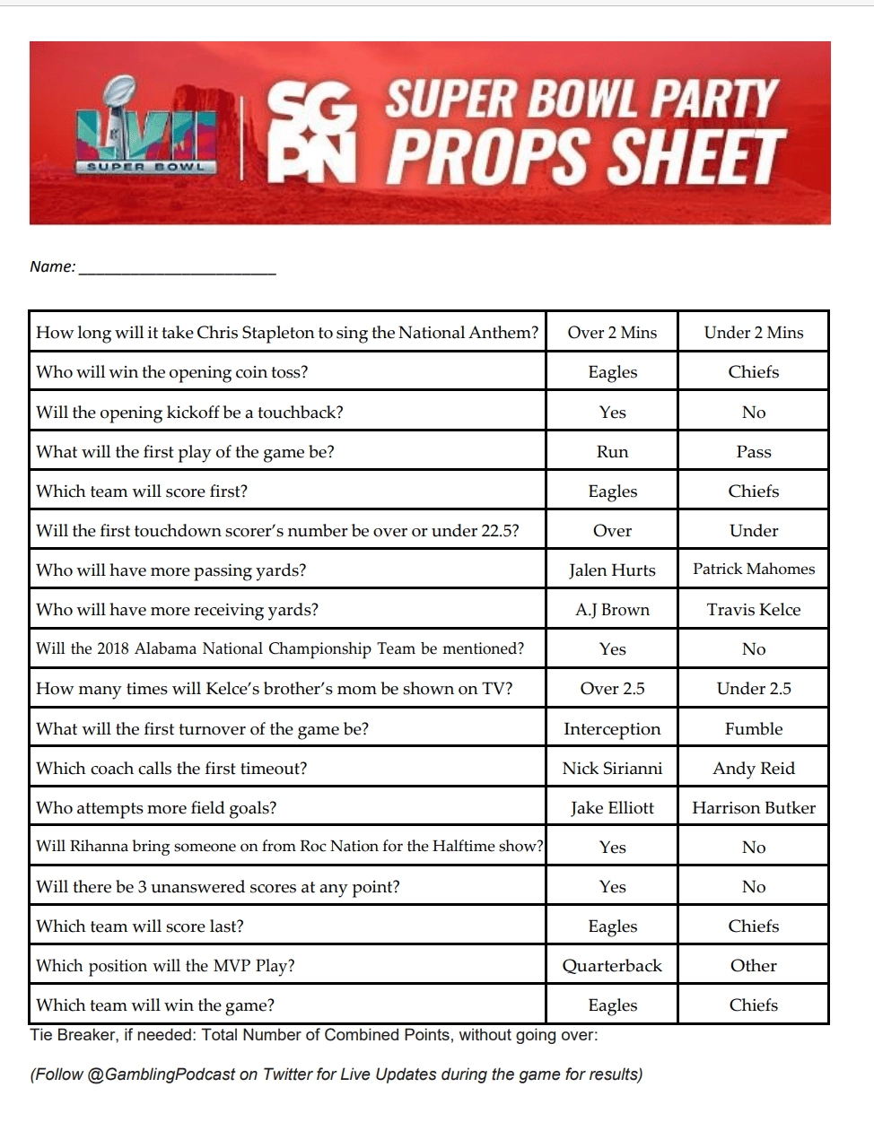 Printable Super Bowl LVII Party Prop Sheet 2023