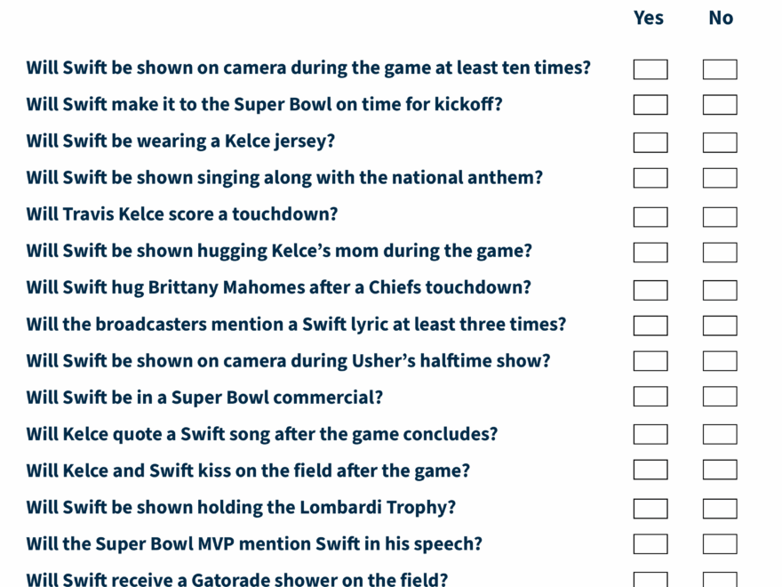 Printable Taylor Swift Super Bowl Prop Sheet Super Bowl 58 Prop Sheet Featuring Taylor Swift Prop Bets
