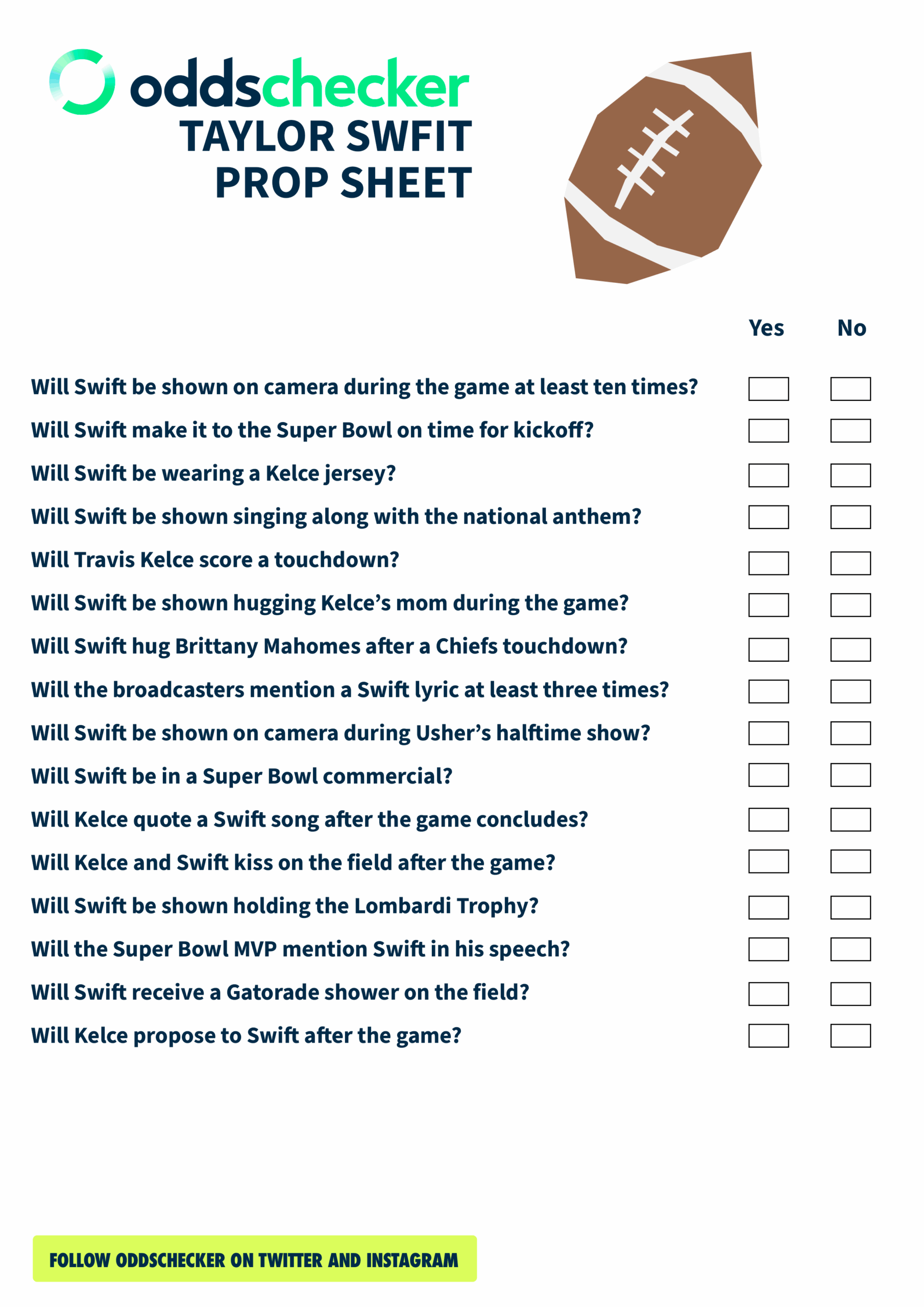 Printable Taylor Swift Super Bowl Prop Sheet Super Bowl 58 Prop Sheet Featuring Taylor Swift Prop Bets