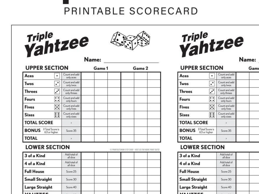 Printable Triple Yahtzee Scorecards Scorepad Print As Many As You Need 8 5x11 And A4 Included Etsy