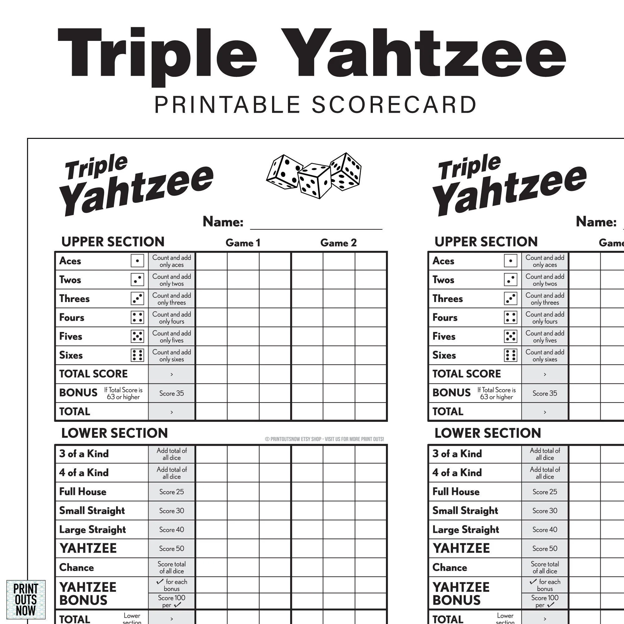 Printable Triple Yahtzee Scorecards Scorepad Print As Many As You Need 8 5x11 And A4 Included Etsy
